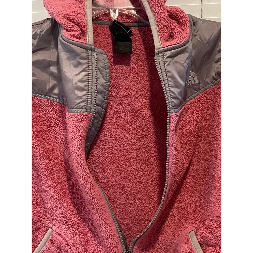 The North Face Girls Pink Grey Denali Hooded Fleece Jacket Size M 10/12 Full Zip